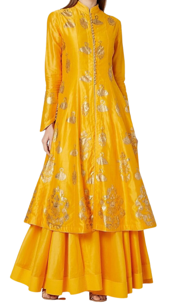 Gold and Yellow Swan Foil Print Kurta with Skirt