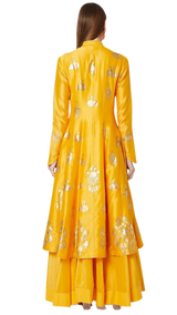 Gold and Yellow Swan Foil Print Kurta with Skirt