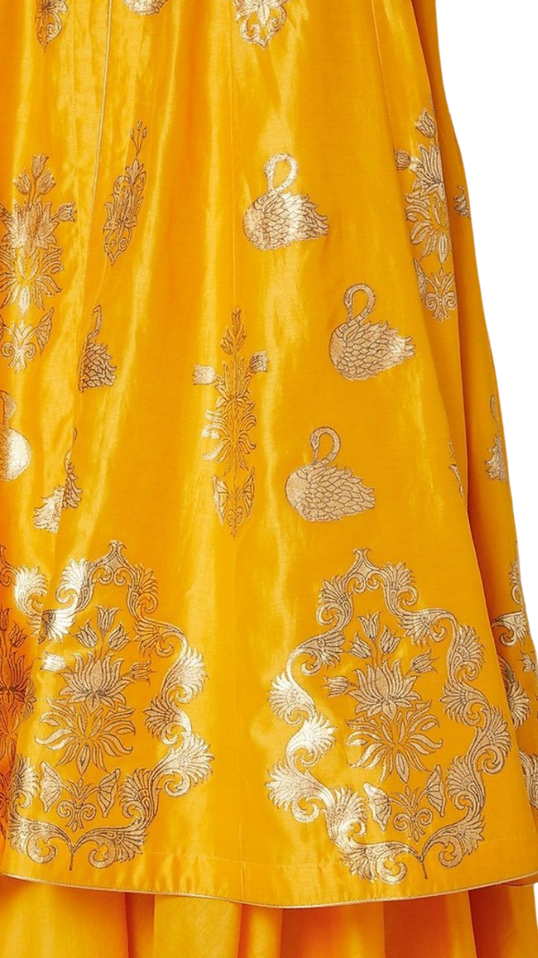 Gold and Yellow Swan Foil Print Kurta with Skirt - Preserve