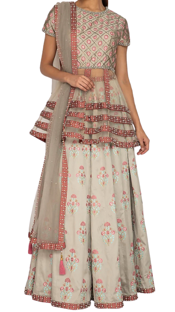 SAMPLE SALE: Grey Embroidered Peplum Top Lehenga Set