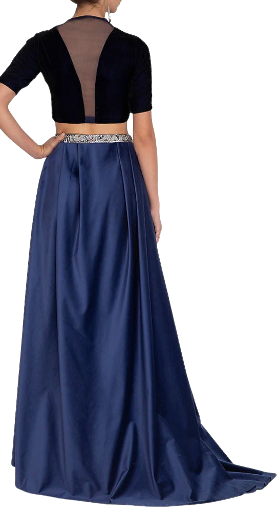 Navy Embroidered Blouse with Velvet Lehenga & Belt - Preserve