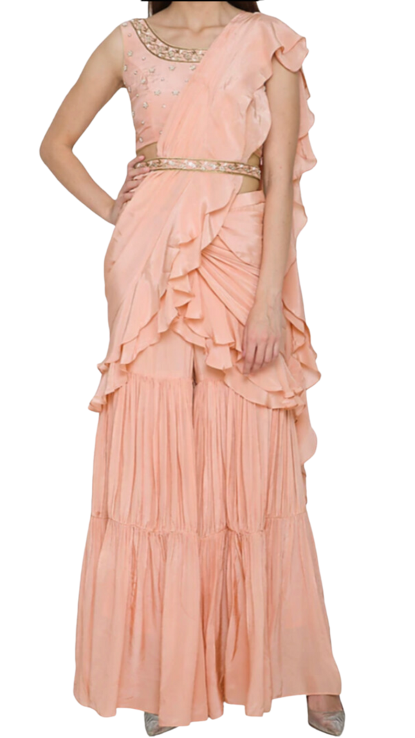 SAMPLE SALE: Peach Ruffle Pre-Draped Sharara Sari