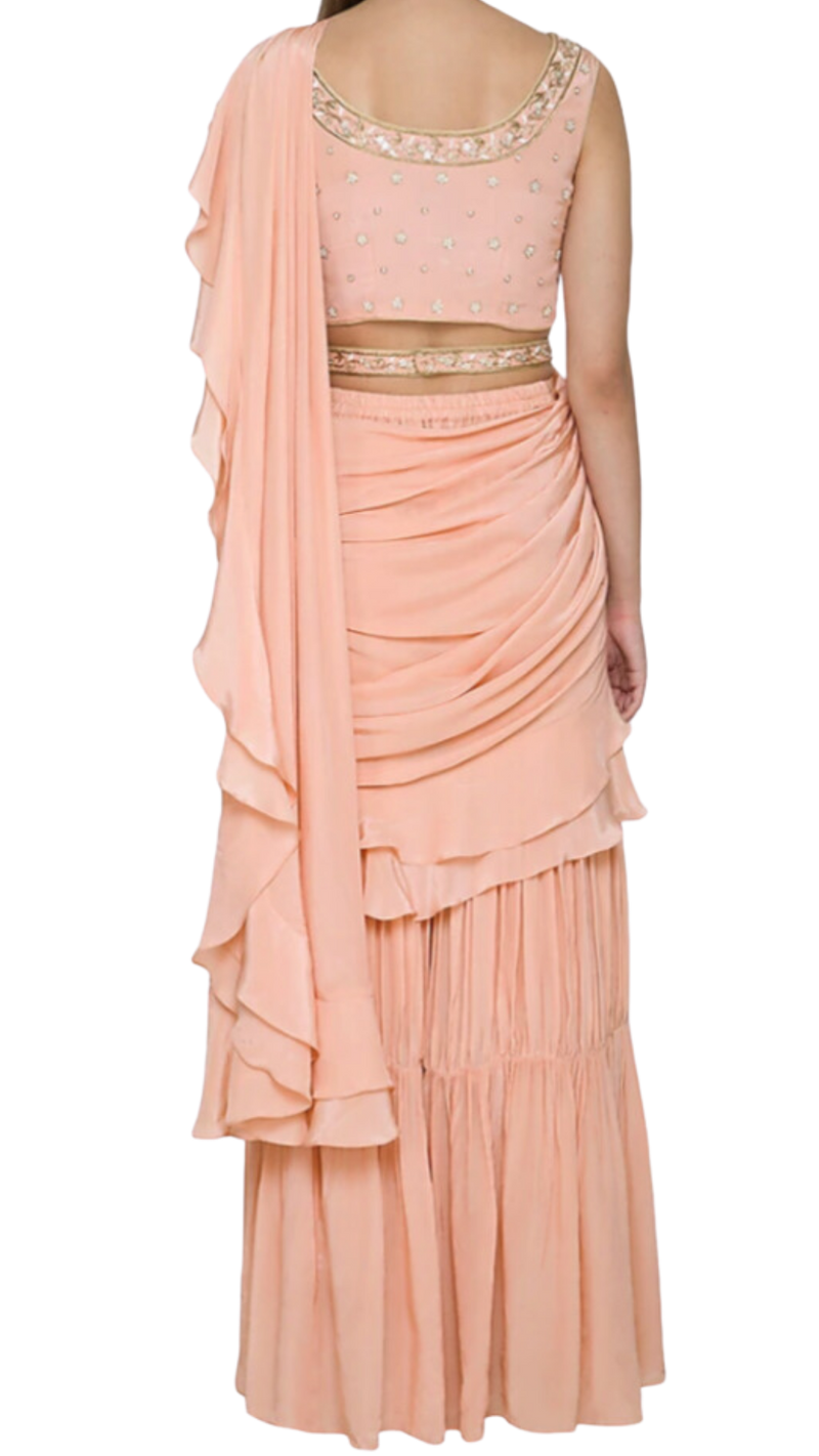 Peach Ruffle Pre-Draped Sharara Sari