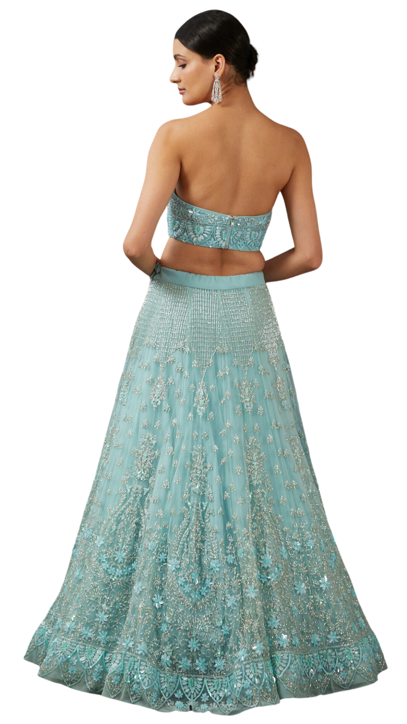 Light Blue Fully Beaded Floral Embellished Lehenga