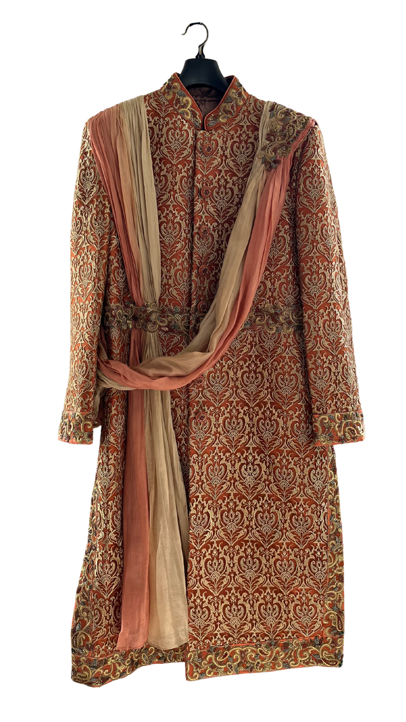 Men's Rust & Gold Lace Layered Sherwani