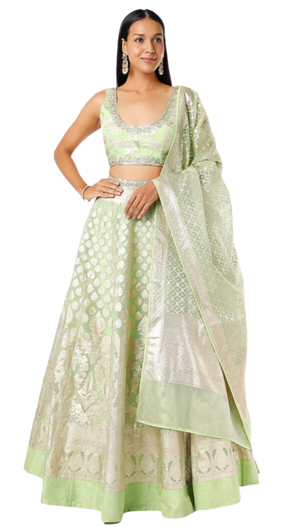 Lime Green Sleeveless Banarasi Lehenga