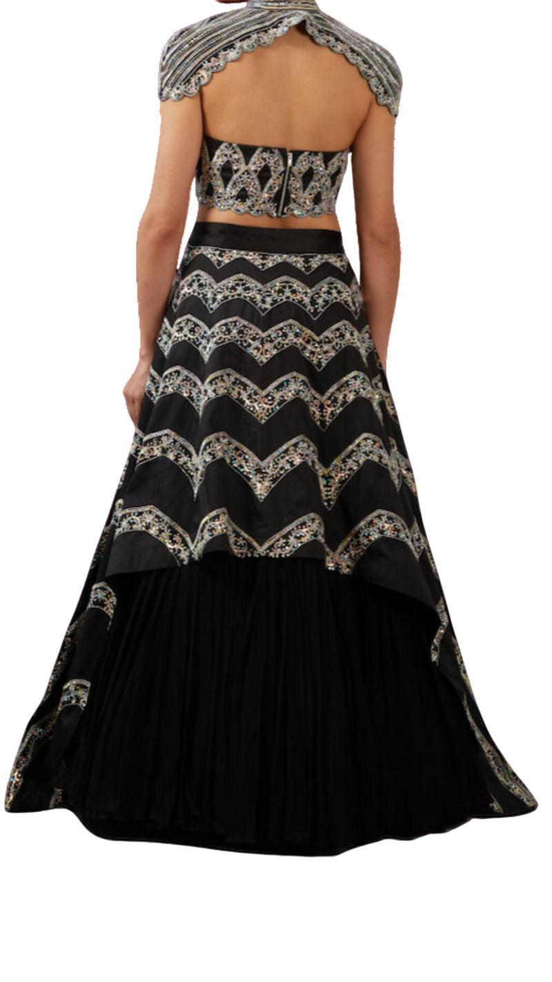 Opaque & Black Embellished Cape Lehenga