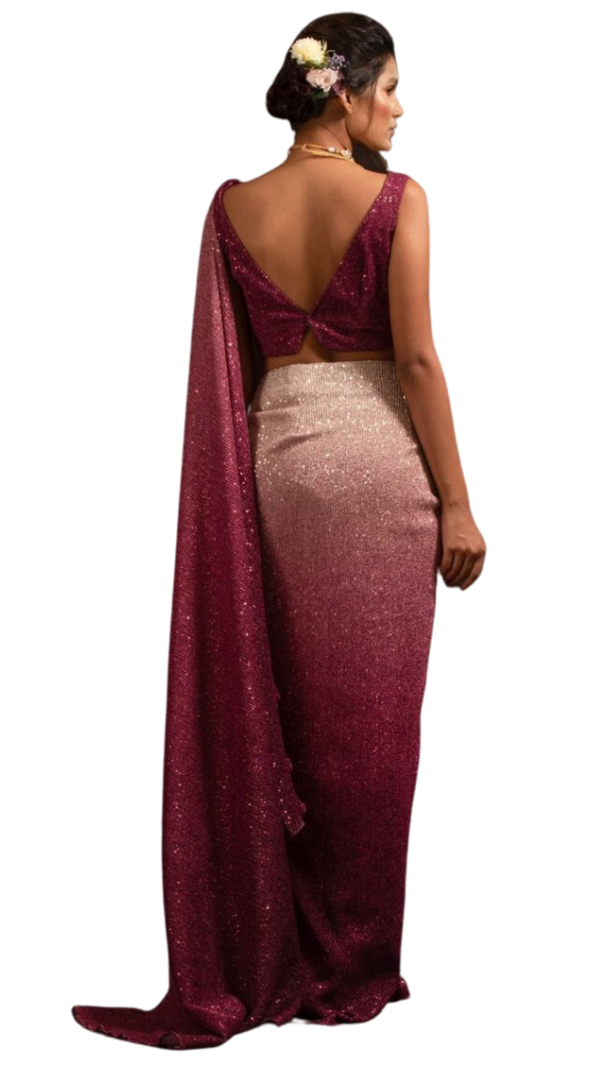 Ombre Blush Pink and Wine Shimmering Pre-Draped Sari
