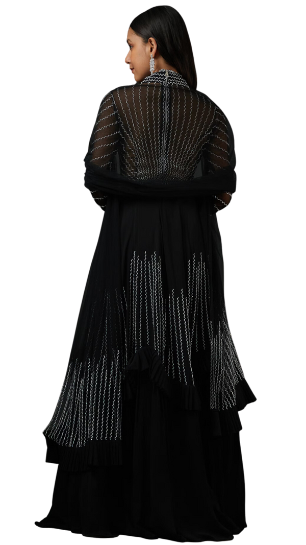 Black Ruffle Lehenga with White Beading