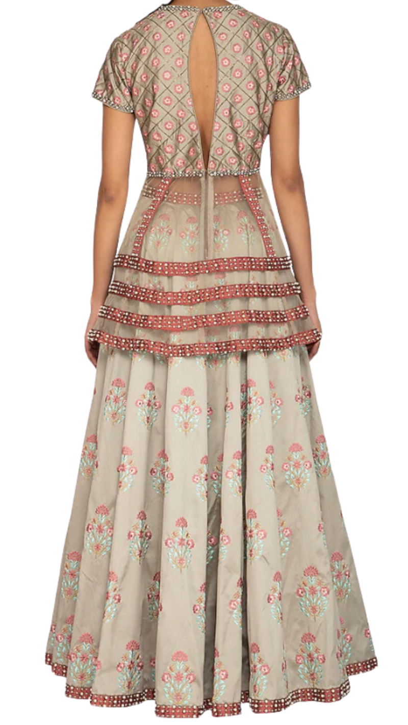 Grey Embroidered Peplum Top Lehenga Set