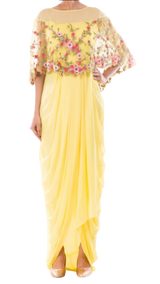 Yellow Georgette Net Gown with Attached Cape