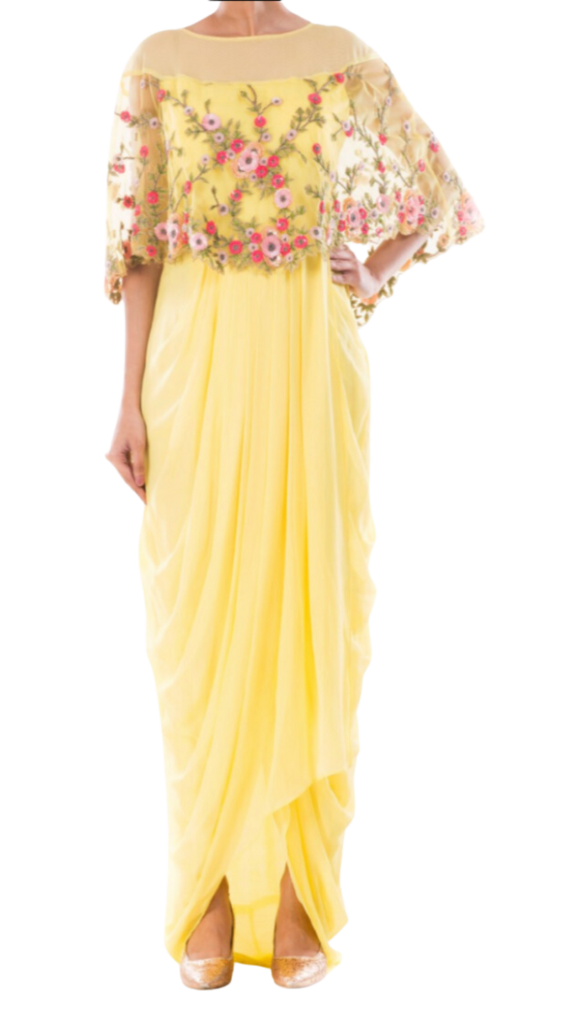 Yellow Georgette Net Gown with Attached Cape