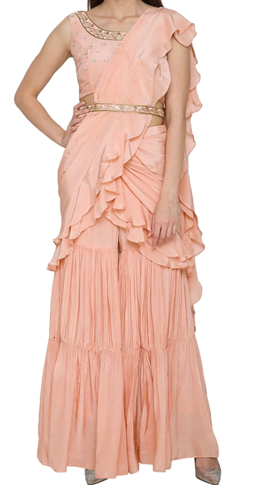 Peach Ruffle Pre-Draped Sharara Sari - Preserve