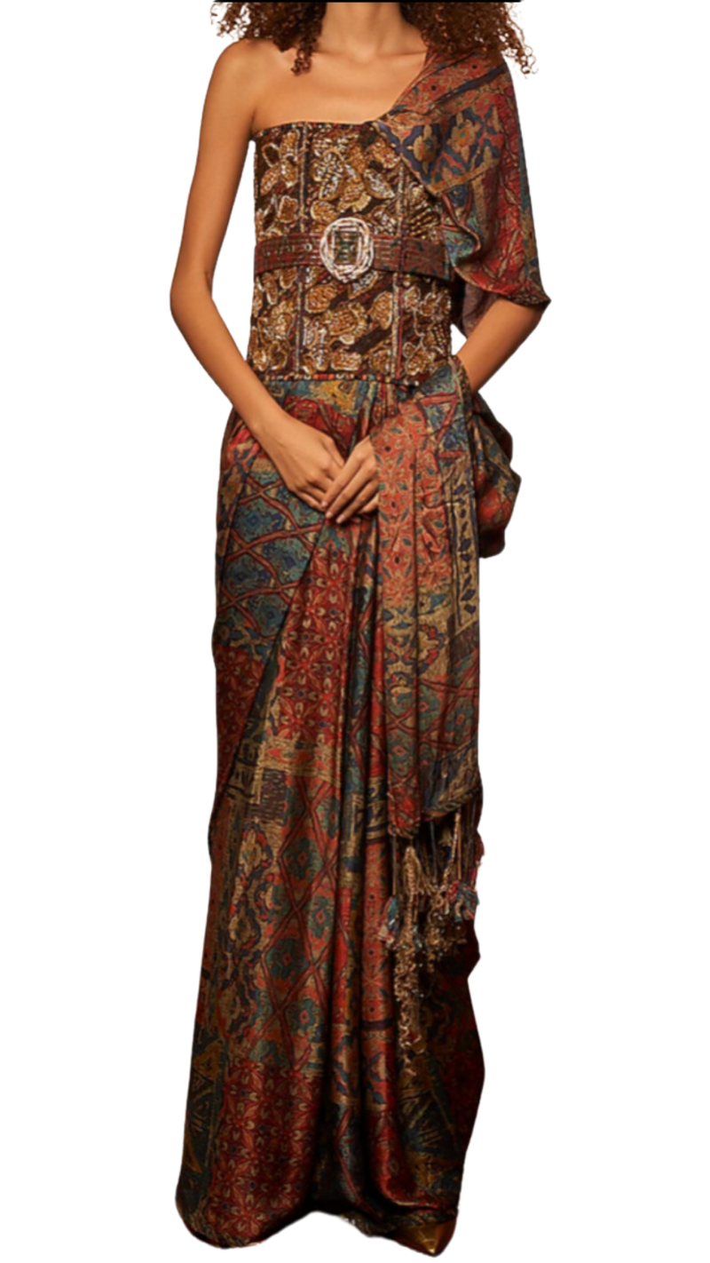 Tapestry Printed Pre-Draped Tasseled Sari with Baroque Corset