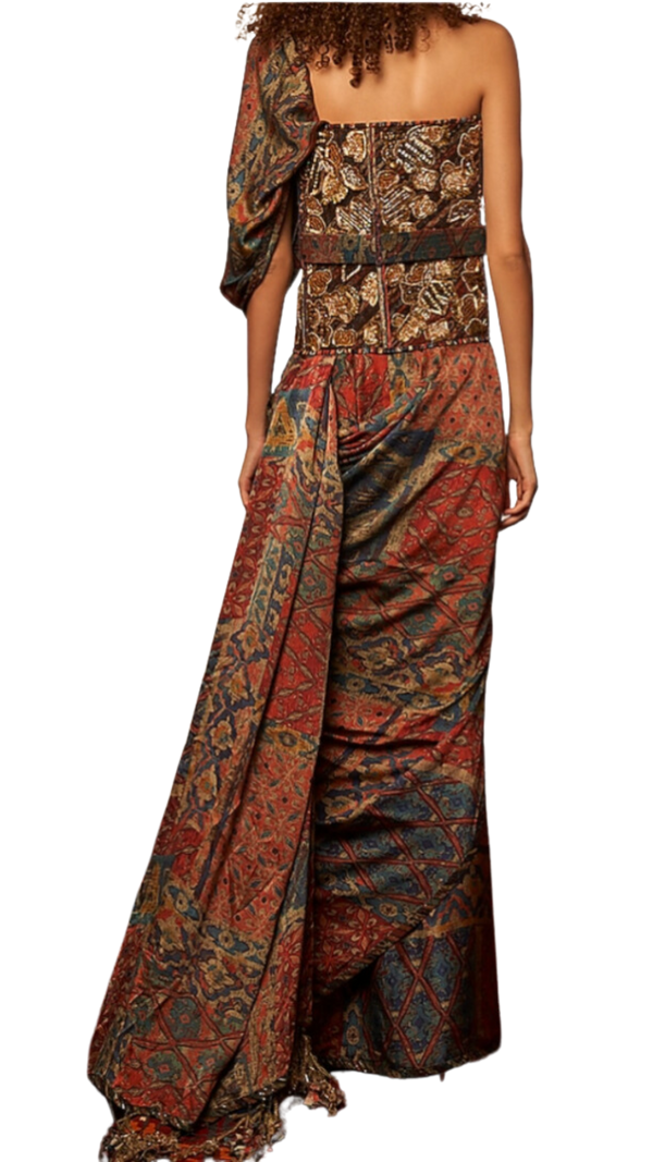 Tapestry Printed Pre-Draped Tasseled Sari with Baroque Corset