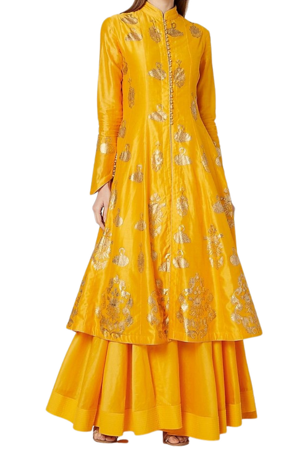 Gold and Yellow Swan Foil Print Kurta with Skirt - Preserve