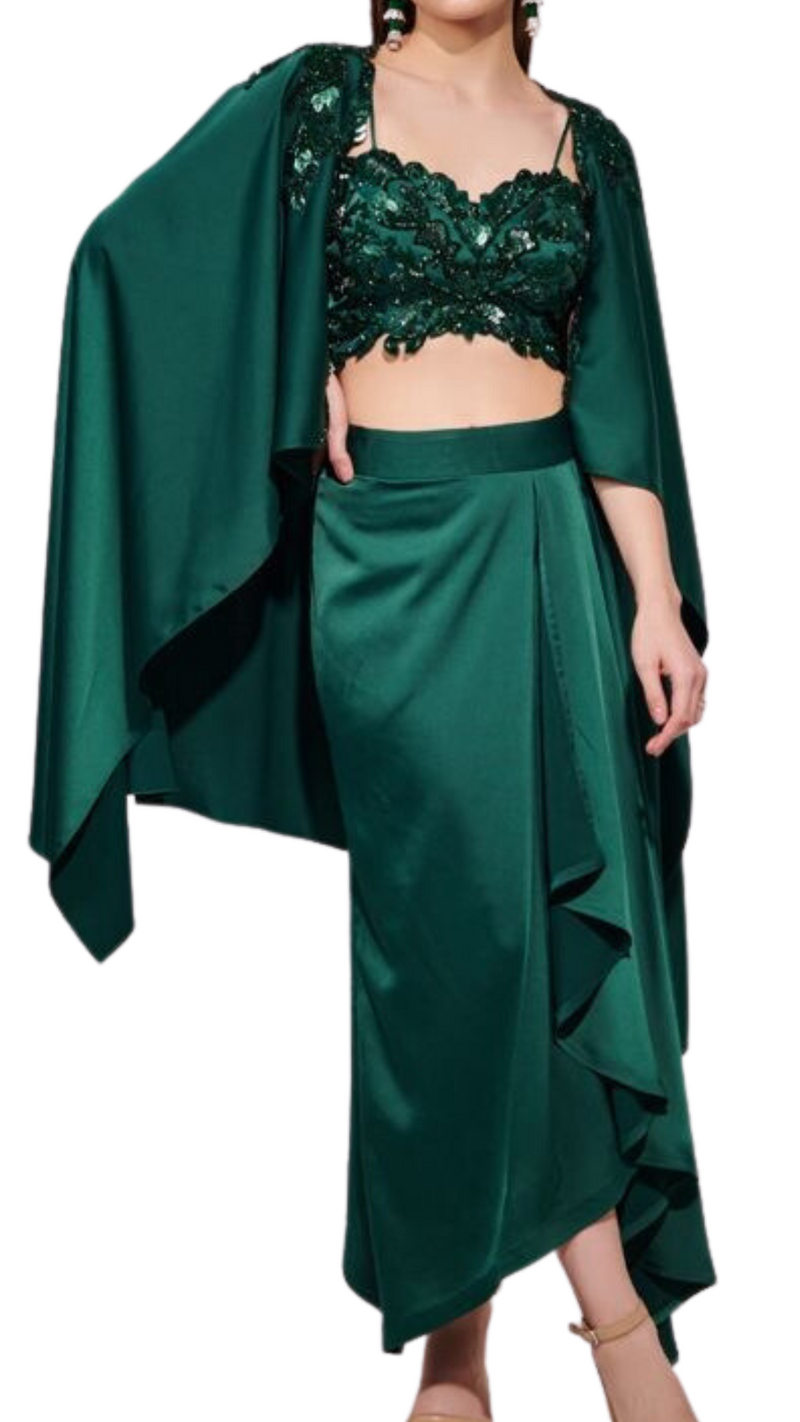 Emerald Green Embellished Draped Skirt Set