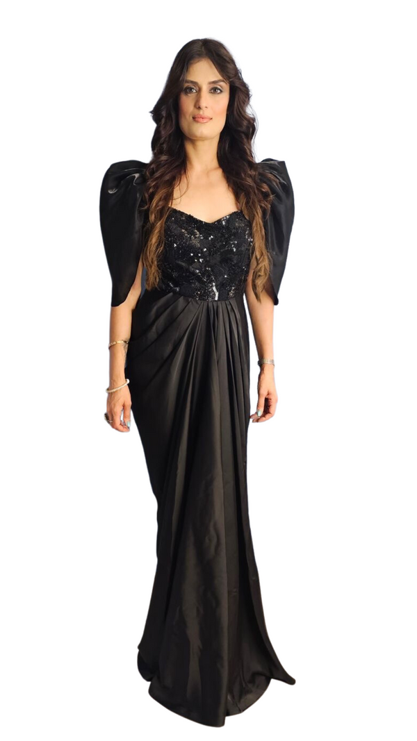 Black Beaded Puff Sleeve Draped Gown