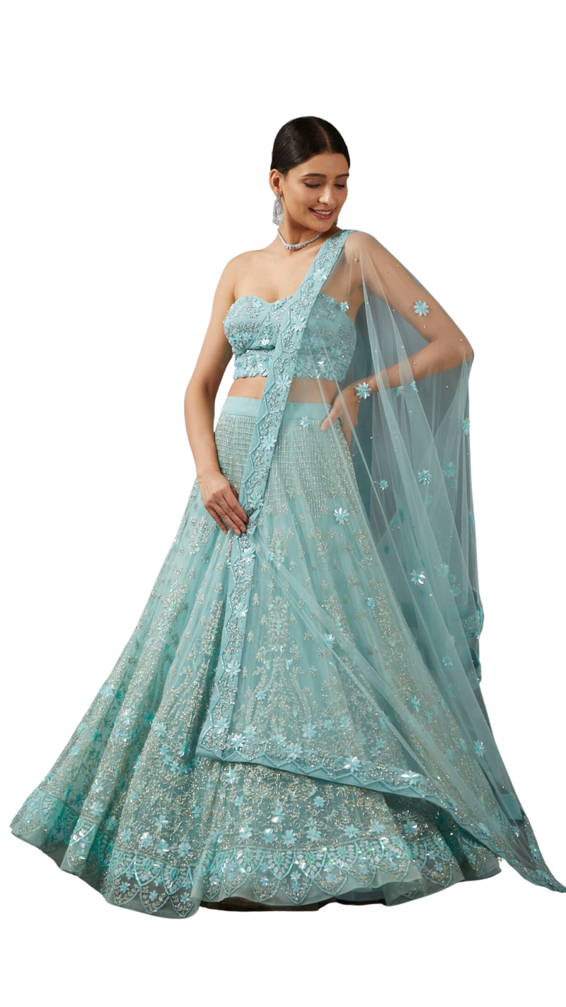 Light Blue Fully Beaded Floral Embellished Lehenga