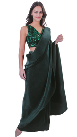 Emerald Green Belt Embellished Pre-Pleated Sari - Preserve