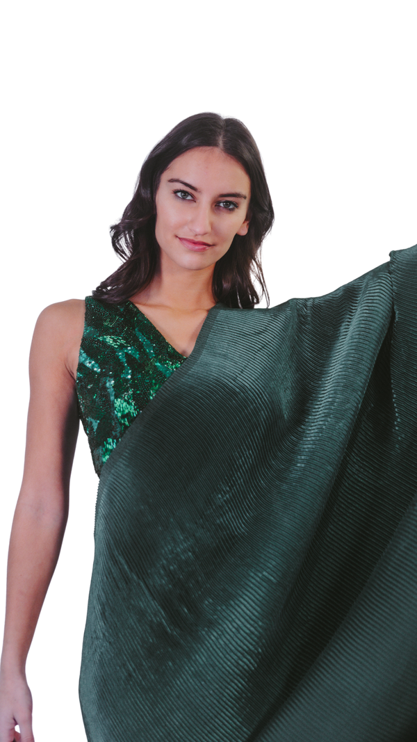 Emerald Green Belt Embellished Pre-Pleated Sari - Preserve