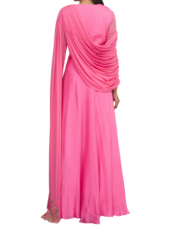 SAMPLE SALE: Pink Draped Gown with Gold Embroidery