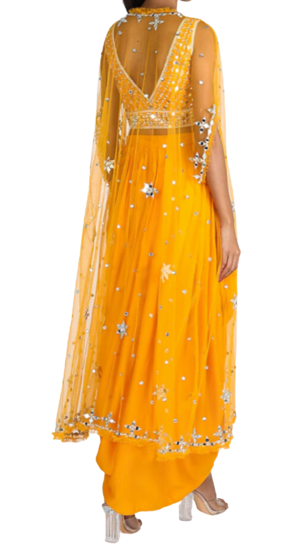 Yellow Mirrored Blouse with Dhoti Skirt & Duster Jacket