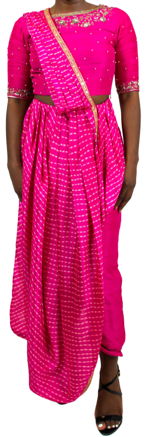 SAMPLE SALE: Fuchsia Leheriya Pre-Draped Sari Pant Set