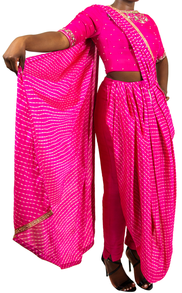 SAMPLE SALE: Fuchsia Leheriya Pre-Draped Sari Pant Set