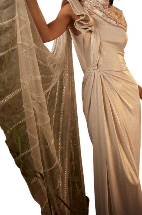 Pearl Ribbon Draped Sari Gown - Preserve