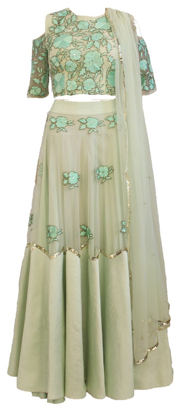 Mint Floral Embroidered Lehenga - Preserve