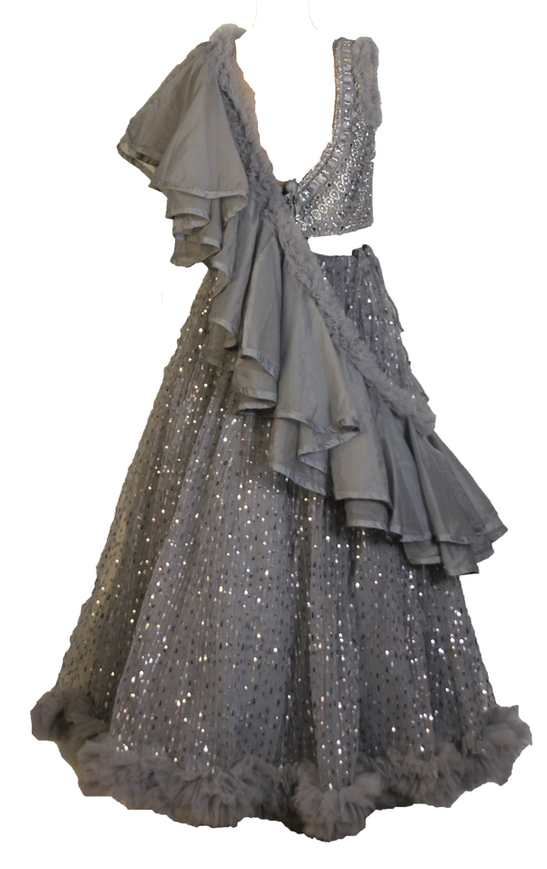 Grey & Silver Ruffled Embellished Lehenga - Preserve