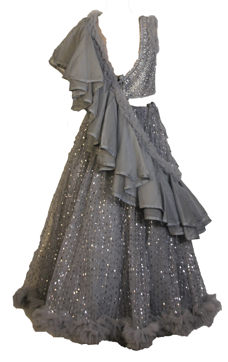 Grey & Silver Ruffled Embellished Lehenga - Preserve