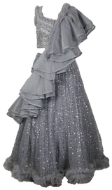 Grey & Silver Ruffled Embellished Lehenga - Preserve