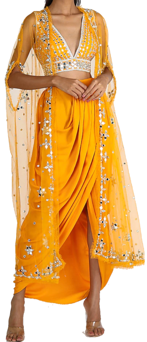 Yellow Mirrored Blouse with Dhoti Skirt & Duster Jacket