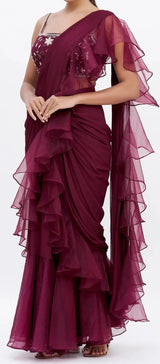 Maroon Ruffle Draped Sari Set - Preserve