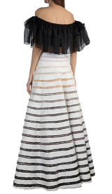 White Striped Skirt With Off-Shoulder Ruffled Top