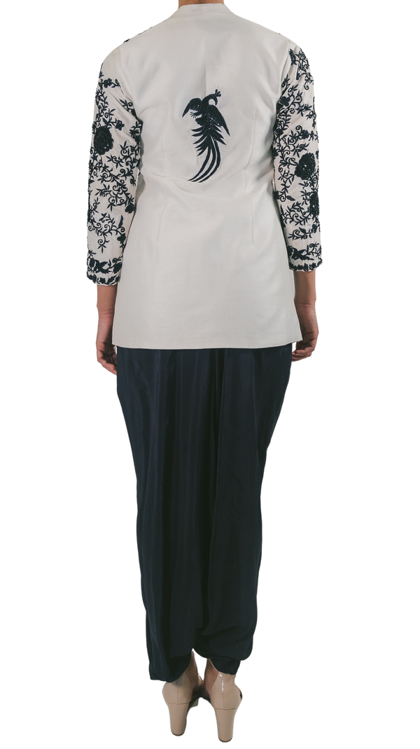 Navy Floral Embroidered Jacket with Navy Dhoti Pants - Preserve