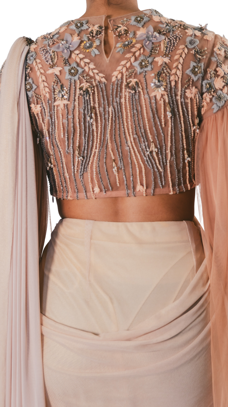 Peach and Grey Embellished Pre-Draped Cape Sari - Preserve