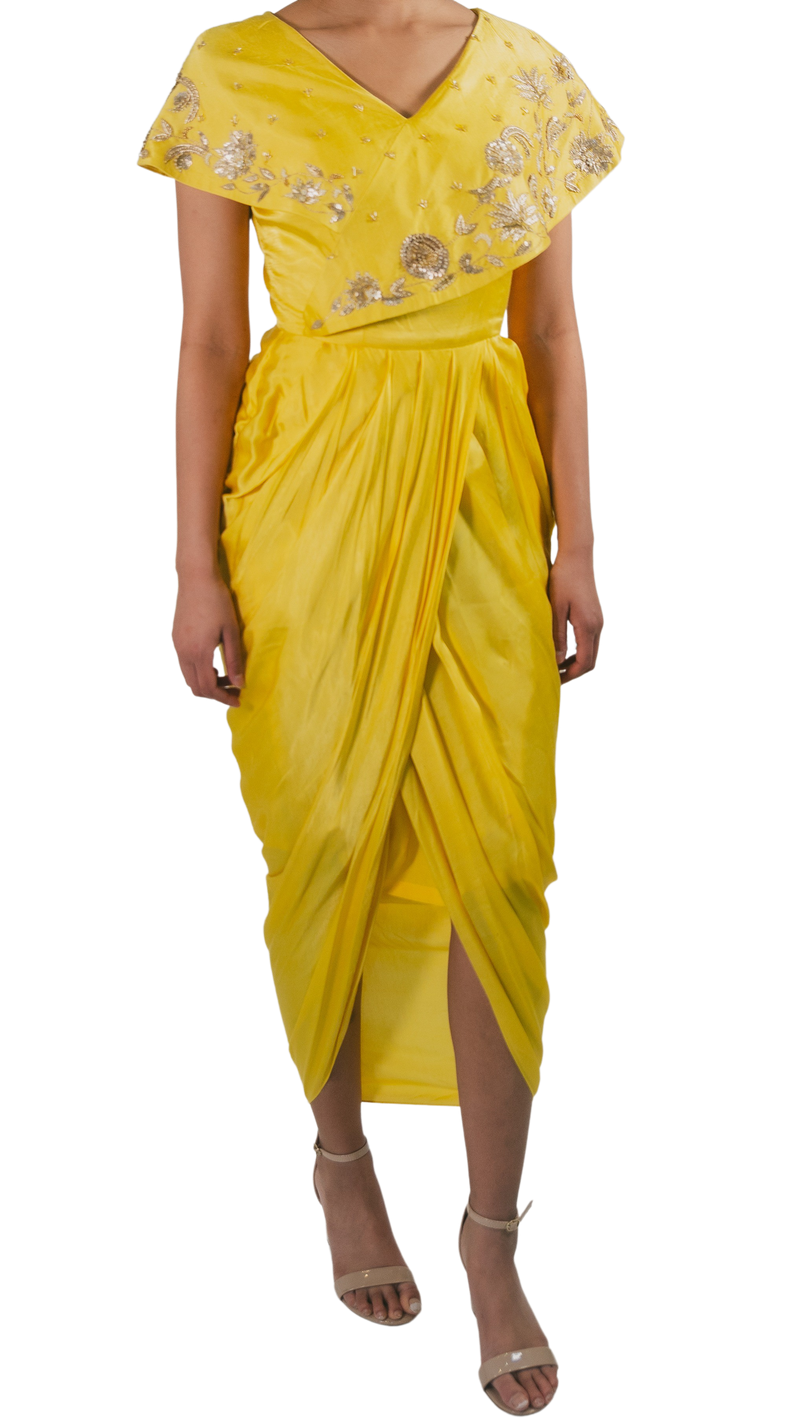 Yellow Collar Floral Dabka Drape Gown - Preserve
