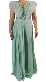 Mint Green Pleated Pant Sari with Ruffle Blouse - Preserve