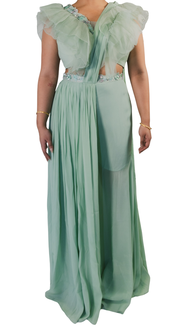 Mint Green Pleated Pant Sari with Ruffle Blouse - Preserve
