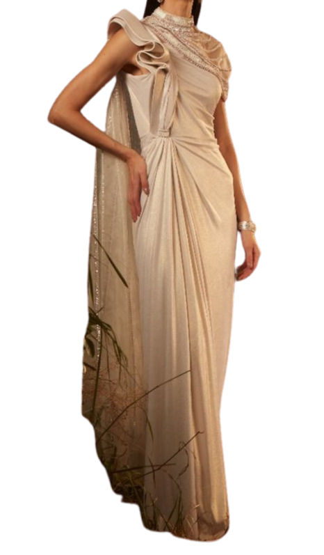 Pearl Ribbon Draped Sari Gown - Preserve