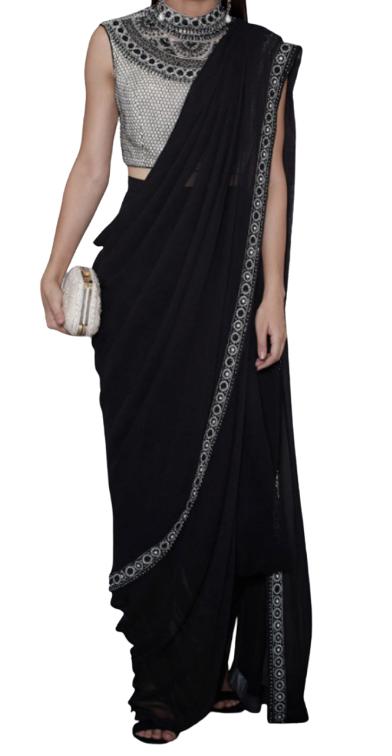 Black & White Tantra Embroidered Pre-Draped Sari - Preserve