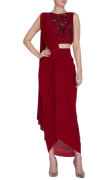 Deep Red Sequined Pre-Draped Sari: Sample Sale - Preserve