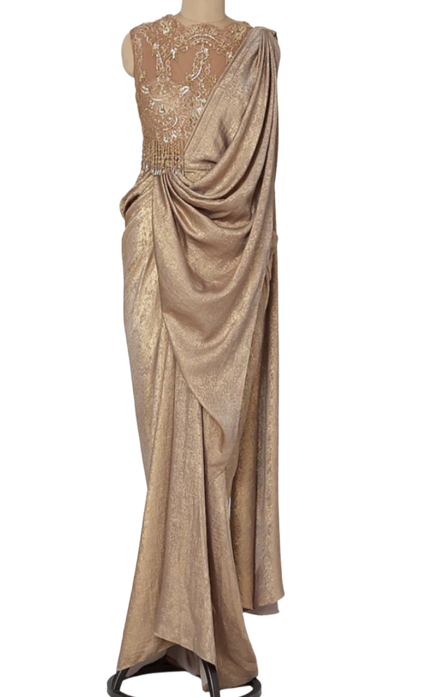 BAYA Sequin Yoke Saree Gown | Women, Sarees, Saree Gowns, Pre-draped Sarees,  Blue, Cut Dana, Chiffon Organza, V Neck, One Si… | Saree gown, Saree gowns,  Aza fashion