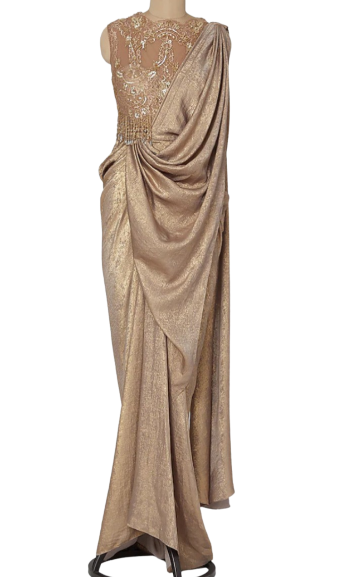 Gold Lace Crystal Fringed Pre-Draped Sari Gown - Preserve