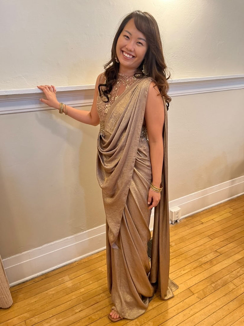 Gold Lace Crystal Fringed Pre-Draped Sari Gown - Preserve