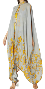 Grey and Yellow Printed Embroidered Cape Set - Preserve