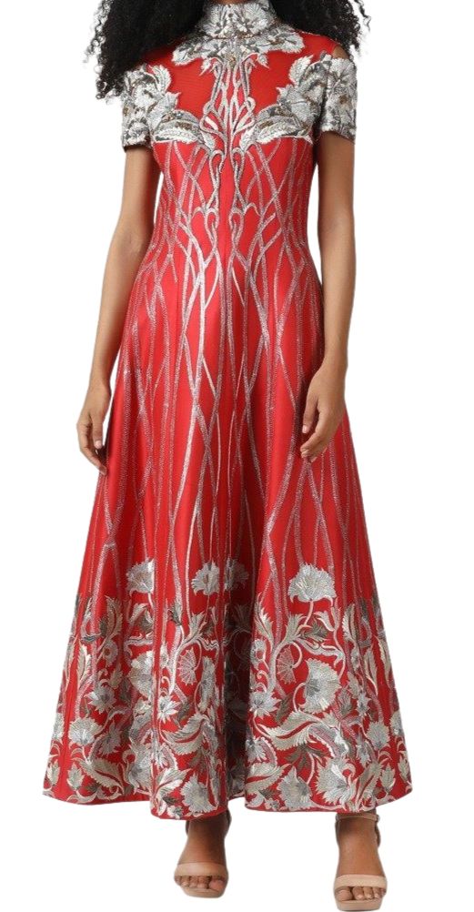 High Neck Silver & Red Tea Length Gown - Preserve